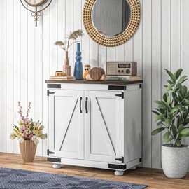HOMCOM Modern Sideboard, Buffet Cabinet with Barn Door and Adjustable Shelf, Kitchen Pantry Cabinet, Distressed White and Brown