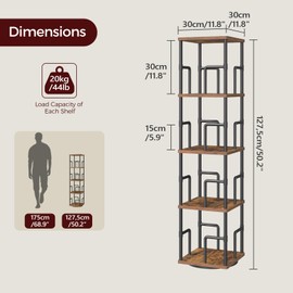 MAHANCRIS 4-Tier Rotating Bookshelf, Freestanding Corner Bookshelf, 360° Spinning Bookcase, Industrial Style Storage Rack with Rails, for Living Room, Bedroom, Study, Rustic Brown and Black BKHR1501