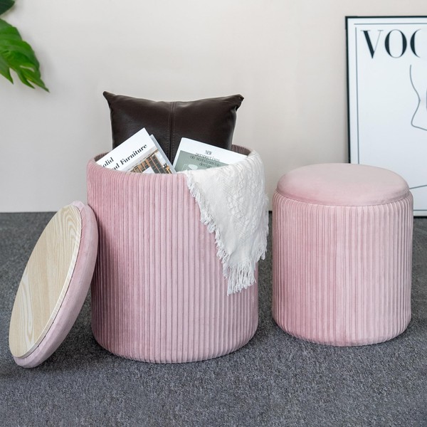 CAROLMADE Set of 2 Round Ottoman with Storage, Upholstered Vanity