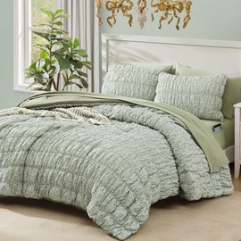 BLOOMHAVEN Queen Comforter Set-7 Pieces Sage Green Classic Puff Floral Bedding Sets for All Seasons,Shabby Chic Farmhouse Bed in a Bag Queen with Wildflowers Comforter,Sheets, Pillowcases & Shams