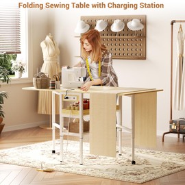 Besiost Folding Sewing Table with Charging Station, Height Adjustable Craft Table with Storage, 50" Foldable Fabric Cutting Table, Portable Sewing Cutting Tables for Sewing Room Craft Room, Natural