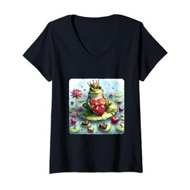 Womens Frog Awaits Valentine's Princess With Chocolates On Lilypad V-Neck T-Shirt