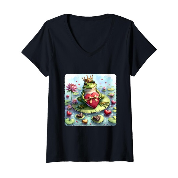 Womens Frog Awaits Valentine's Princess With Chocolates On Lilypad V-Neck