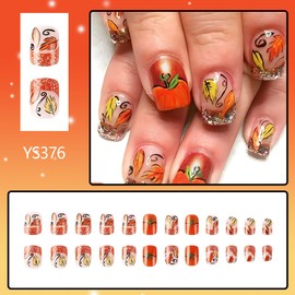 Fall Press on Nails Short Square Yellow Orange False Nails Glitter French Tip Fake Nails with Leaf Design Bling Artificial Nails Short Acrylic Glue on Nails Thanksgiving Stick on Nails for Women 24Pcs