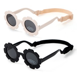 Komorebi Baby Girl Sunglasses with Strap Toddler Sunglasses Age 1-2 AdjustableFlower Design for Newborn Infant (0-24 Months) White&Black