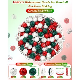 180PCS FIVEIZERO 10mm Rhinestone Beads for Jewelry Making – Sparkly Round Crystal Clay Beads & Spacers in Christmas & Baseball Team Colors for Bracelets, Necklaces & DIY Crafts (Green, Red, White)