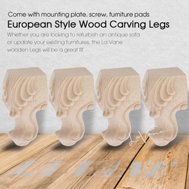 La Vane 4 inch / 10cm Wooden Furniture Legs, Set of 4 European Style Solid Wood Carving Unfinished Furniture Replacement Feet Decoration for Sofa Cabinet Wardrobe Table Loveseat