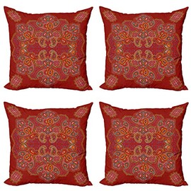 Ambesonne Mandala Throw Pillow Cushion Case Pack of 4, Traditional Oriental Feel Paisley Motif with Colorful Design Simple Line Floral, Modern Accent Double-Sided Digital Printing, 18", Burgundy White