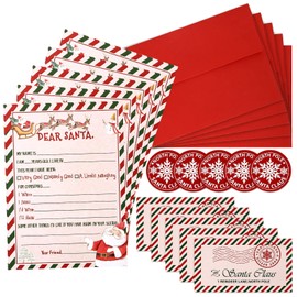 AnyDesign 20 Pack Letter to Santa Christmas Wish List Writing Kit Include 5 x 7 Watercolor Style Fill in The Blank Card with Red Envelopes, Stickers and Address Seal Labels for Family Party Favors