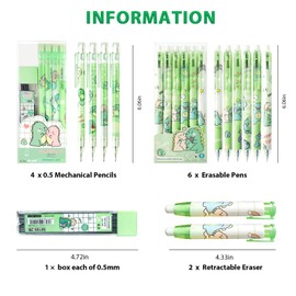 Mangpung Cute Green Dinosaurs School Supplies,Kawaii Stationery Birthday Gifts,Includes Dinosaurs Erasable Gel Pens,Dinosaurs Mechanical Pencils,Lead Refills,Erasers,for Office School Supplies