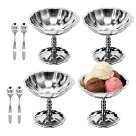 Ice Cream Cups Set of 4 with Spoons, 4.4 oz Vintage Stainless Steel Dessert Bowls, Footed Sundae Cups for Snacks, Pudding, Yogurt & Fruit