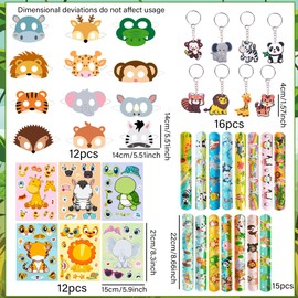 BACH AND BOUJEE 55PCS Jungle Party Bag Fillers Safari Theme Birthday Supplies Felt Animal Masks Kids Stickers Slap Bracelets Keychains Animal Ring Goodie Bag Fillers