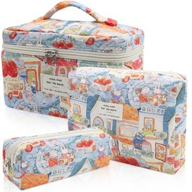 3pc Makeup Bag Set, Quilted Makeup Bag Set, Large Floral Cosmetic Bag for Women, Cute Cotton Makeup Bags, Flower Travel Toiletry Organizer Bag (Rabbit Print)