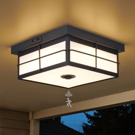 CLARSYNE 24W LED Motion Sensor Outdoor Ceiling Light, Smart Square Flush Mount Fixture, 3CCT Selectable Dusk to Dawn Porch Light for Garage, Entryway, Patio, Modern Farmhouse Black