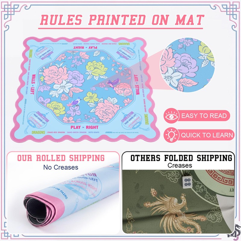 Soulchen Blue and Pink Scalloped Flower American Mahjong Mat Table