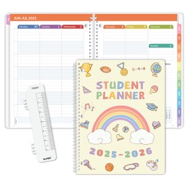 SUNEE Elementary Student Planner 2025-2026, Academic Year Jul. 2025 - Jun. 2026, 8.5"×11" School Planner, Datebooks Weekly & Monthly Plan Book with 3-Hole Punched/Bookmark/Monthly Tabs, Beige Rainbow