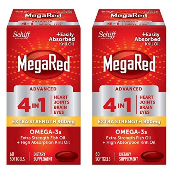 MegaRed Advanced 4in1 900mg, 120 softgels Value Pack (2 Bottles x 60 Each) - Concentrated Omega-3 Fish & Krill Oil Supplement