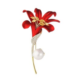 EMEGCY Red Lily Brooch Pin 18k Gold Plated Pearl Flower Brooches Pins Rhinestone Brooch Jewelry Gifts for Women