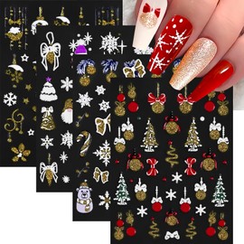 4 Sheets 5D Embossed Christmas Nail Art Stickers Decals Snowflake Snowman Snowball Nail Stickers Xmas Tree Cane Nail Design Nail Decorations for Women Girls Winter Xmas Holiday Manicure DIY Supplies