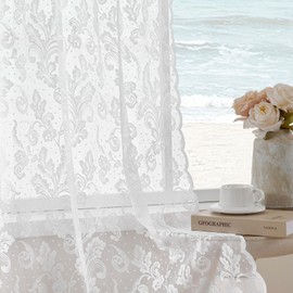 White Lace Curtains 63 Inch Length 2 Panels Vintage Floral Curtains for Living Room Bedroom Victorian Lace Drapes Rod Pocket Light Filtering Paisley French Window Winter Neutral Decor Snowy, 52x63