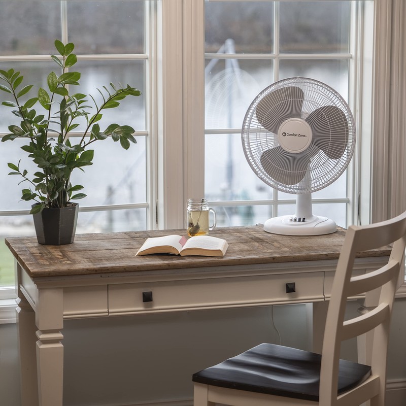 Comfort Zone Oscillating Table Fan with Adjustable Tilt, Convenient Push