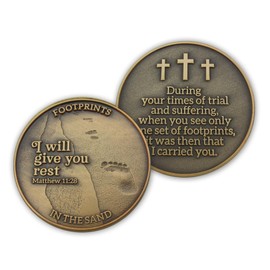 Footprints in the Sand Coin Pack of 1 - Matthew 11:28 I Will Give You Rest - 1.75" Antique Gold Color Plated Christian Challenge Coin - Scripture Pocket Token - Bible Verse Gifts for Prayer & Peace
