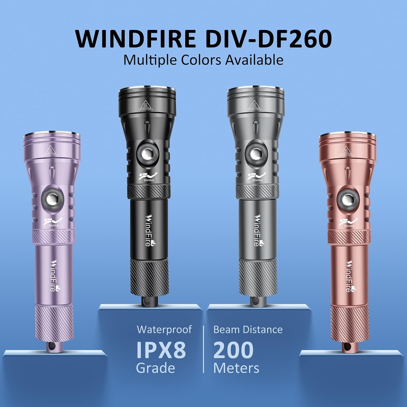 WINDFIRE Dive Light, High-Powered Rechargeable Scuba Flashlight with Power Indicator,