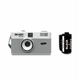 1 Shot Point and Shoot 35mm Film Camera, Reusable Retro Half Frame Camera, Built in Flash, Included One Roll ASA/ISO 400 Black & White Film 18 Exp.(36 Shots) Battery Not Included (Grey Color)