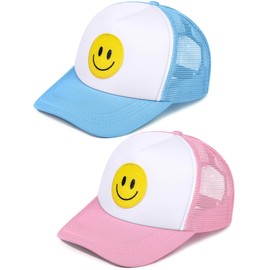 Cozypower 2 Pcs Smile Face Baseball Cap Smile Trucker Hat Mesh Adjustable Baseball Cap Retro Preppy Hats for Women(Blue, Pink, White)