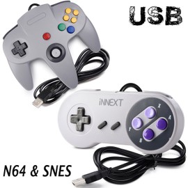 iNNEXT 2 Pack USB Super Classic Controller Game pad, USB N64 Controller & SNES USB Controller for Windows PC MAC Linux Raspberry Pi 3 Sega Genesis Higan (Gray)