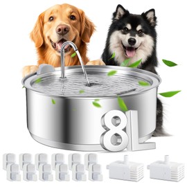 Dreamocean Dog Water Fountain for Large Dogs, 8L/2.1G Stainless Steel Dog Fountain Water Bowl for Large Dogs Cats Automatic Pet Water Fountain Indoor with 12 Filters and 2 Pumps