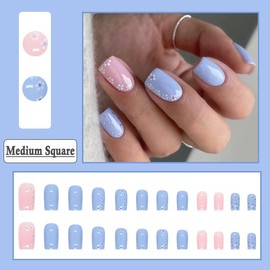 BAOYAALIN Press on Nails Short Medium Square Blue Fake Nails with Simple Fashion Flower Design Artificial Acrylic False Press ons Full Cover Stick on Nail for Women Girls Daily Wear Wedding 24Pcs