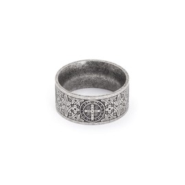 SMANXEY Exorcist Saint Benedict Vintage Titanium Steel Ring, Christian Protection Amulet 10mm Wide Band, Retro Religious Jewelry