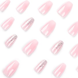 Medium Coffin Press on Nails Fake Nails with Pink Gradient White Glitter Designs French Tip False Nails Medium Coffin Full Cover Glue on Nails Glossy Acrylic Thick Stick on Nails for Women Girls 24Pcs JP2667
