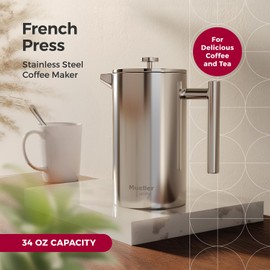 MuellerLiving French Press Coffee Maker 34oz, Stainless Steel French Press Coffee, 4 Filter Heat Resistant Double Insulated, Rust-Free, Food Grade, Dishwasher Safe Coffee Pot