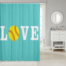 Softball Shower Curtain for Softball Lover Ball Sports Theme Bathroom Shower Curtain Set Girls Women Bright Teal Yellow Decorative Bath Curtain for Bathtub Girly Bathroom Accessories 72"x72"