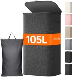 Lifewit 105L Large Laundry Basket with Lid, Laundry Hamper with Plastic Handles and Removable Bag, Foldable Tall Dirty Clothes Hampers for Laundry for Laundry Room, Bedroom, Bathroom, Dorm, Dark Gray