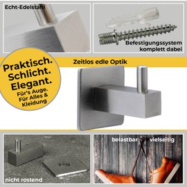 Neuhall 4 x Wall Hooks, Coat Hooks, Wall Towel Hooks, Real Brushed Stainless Steel, Rustproof, Bathroom Towel Holder for Wall Mounting Including Mounting Set, Classic Quad Length: 40 mm