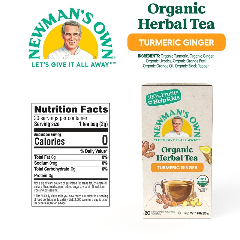 Newman's Own Organic Turmeric Ginger Herbal Tea Caffeine- May Aid
