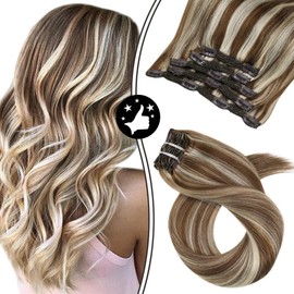 Moresoo Clip in Human Hair Extensions Clip in Extensions 10 Inch Highlight Blonde Hair Extensions Clip in Human Hair Color #9A/60 Brown with Platinum Blonde Clip in Hair Extensions Invisible 70G/5Pcs