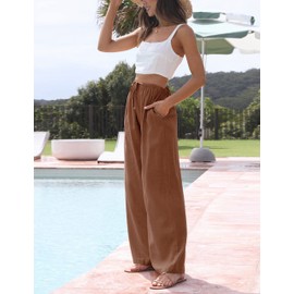 Faleave Women's Cotton Linen Summer Palazzo Pants Flowy Wide Leg Beach Trousers with Pockets(Rust-S)