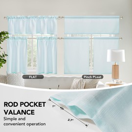 Deconovo Semi-Rod Poket 3 Pieces Linen Sheer Tier Curtains and Valance Set for-Kitchen, 52x14 Inch(1)+ 26x36 Inch(2), Light Blue