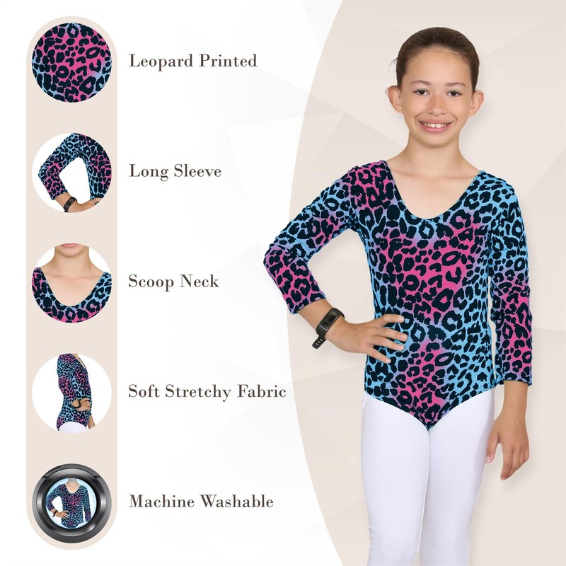 Hamishkane Kids Girls Long Sleeve Crew Neck Leopard Print Gymnastics