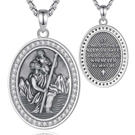 Exltoy 925 Sterling Silver St Christopher Medal with Cubic Zirconia - Religious Jewelry Saint Christopher Pendant Necklace for Men Women, Travel Protection Amulet - Adjustable 24" Chain Included