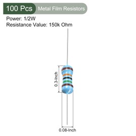 YOKIVE Pack of 100 Metal Film Resistors 150 K Ohm Resistor with 1/2 W 1% Tolerance Good for Crafts Electronic Projects (5 Colour Bands 8.5 mm ± 1 mm)