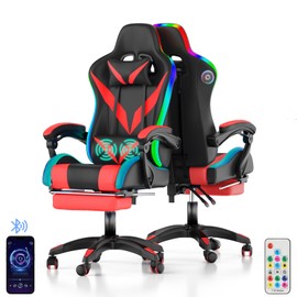 Gaming Chair with Speakers and Massage Computer Gaming Chair with LED RGB Lights and Footrest High Back Ergonomic Video Game Chair with Adjustable Lumbar Support for Adults Red and Black