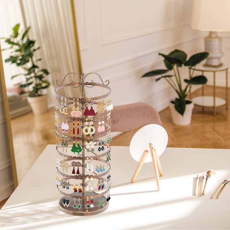 MODOWEY 6 Tier Rotating Earring Holder Organizer Stand, Adjustable Metal