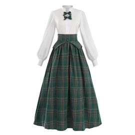 LTAKK Victorian Dress for Women Plaid Edwardian Renaissance Dresses Vintage Tartan Skirt, Green Plaid, XL
