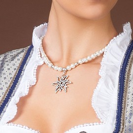 Alpenflüstern DHK215 Pearl Costume Necklace Glitter Edelweiss Women's Costume Jewellery with Filigree Rhinestone Edelweiss Elegant Dirndl Necklace in Black and Cream White, Pearl Rhinestone, Pearl