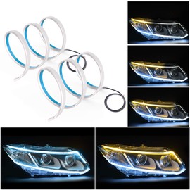 MICTUNING LED Headlight Surface Strip Tube Light 24 Inch DRL White & Amber Daytime Running Light Switchback Sequential Turn Signal Light Universal Flexible LED Lamp Strip 2Pcs